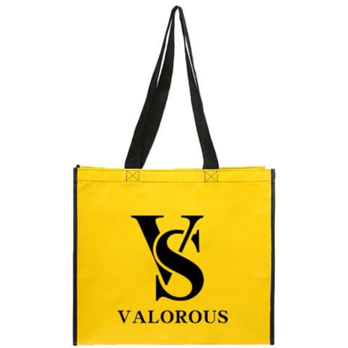 A yellow laminated non-woven tote bag with black handles and a logo on the front.