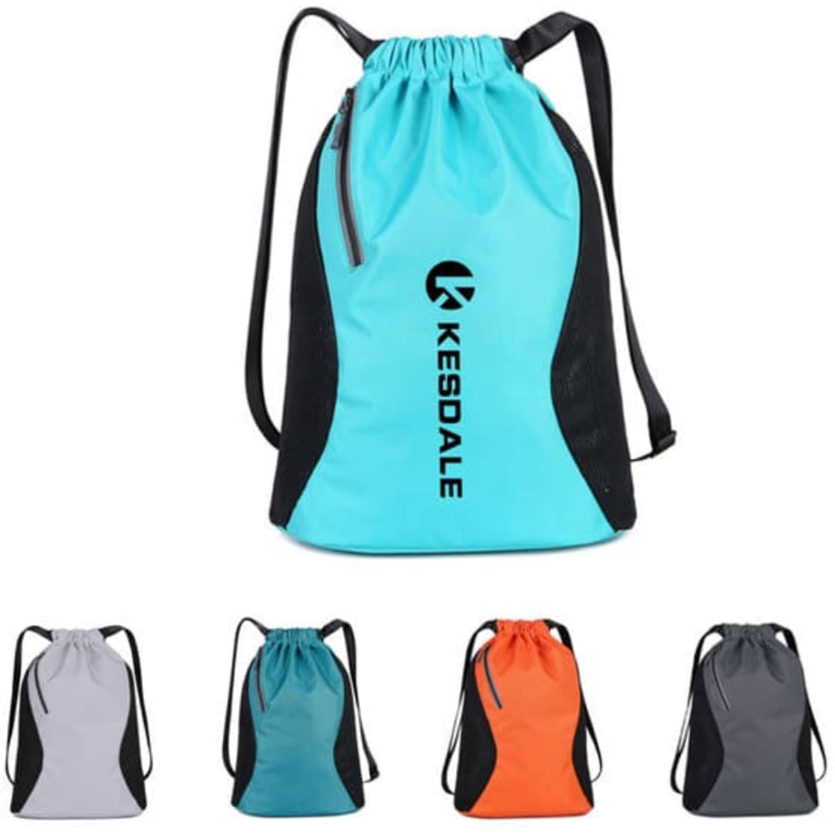 A drawstring backpack in teal with black accents, featuring a logo, available in grey, orange, and black options.