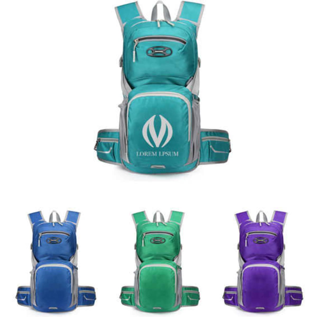 A turquoise ergonomic cycling backpack with multiple compartments, featuring grey accents and a logo, alongside blue, green, and purple variants.