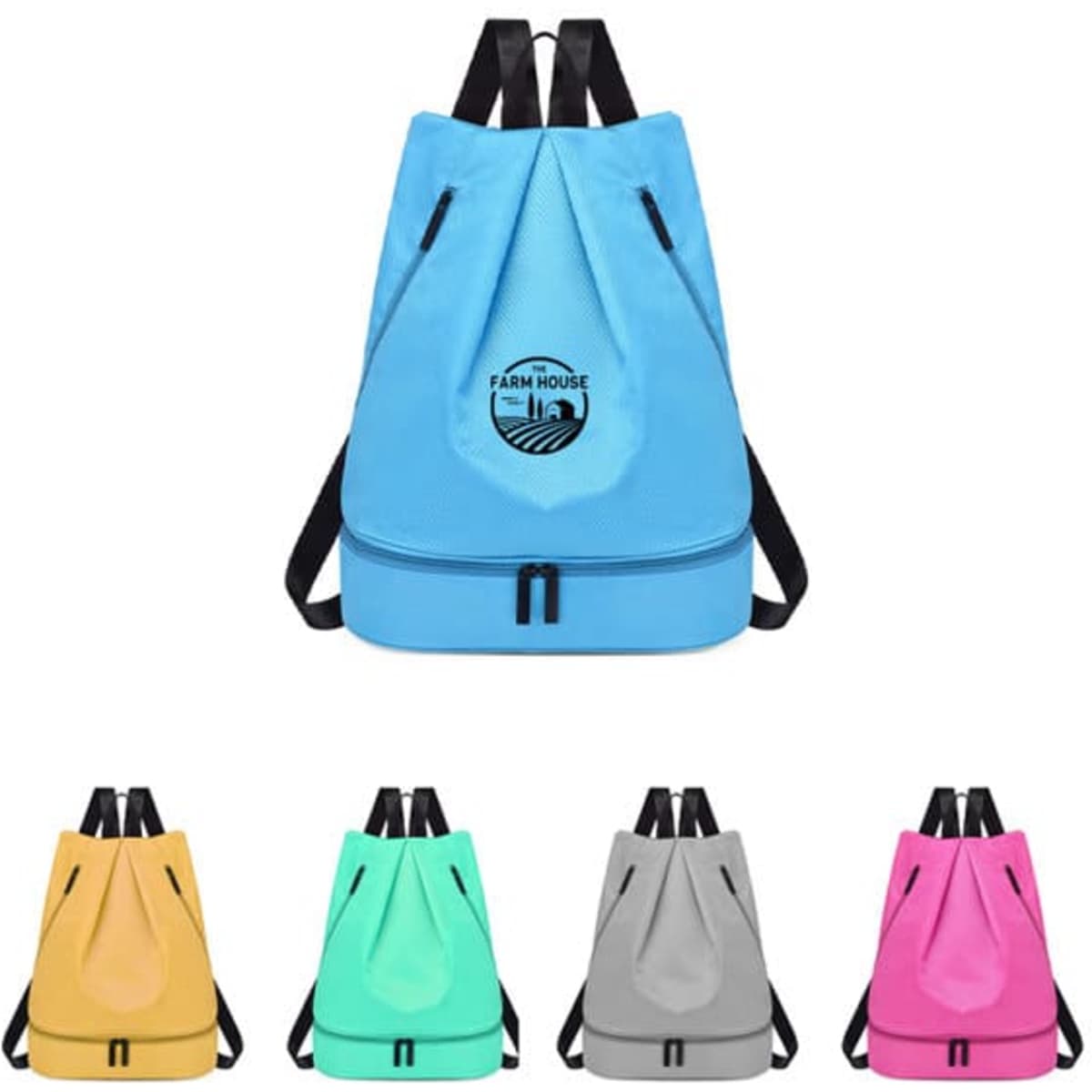 A blue sports backpack with a logo and adjustable straps, displayed alongside yellow, pink, grey, and green variants.