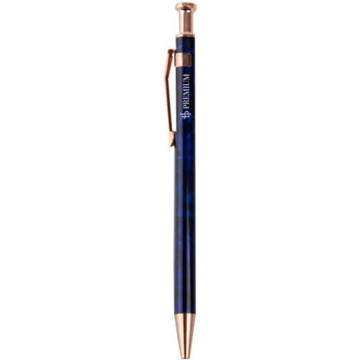 A custom pattern ballpoint pen in blue with a gold-tone clip and tip, featuring branding on the barrel.