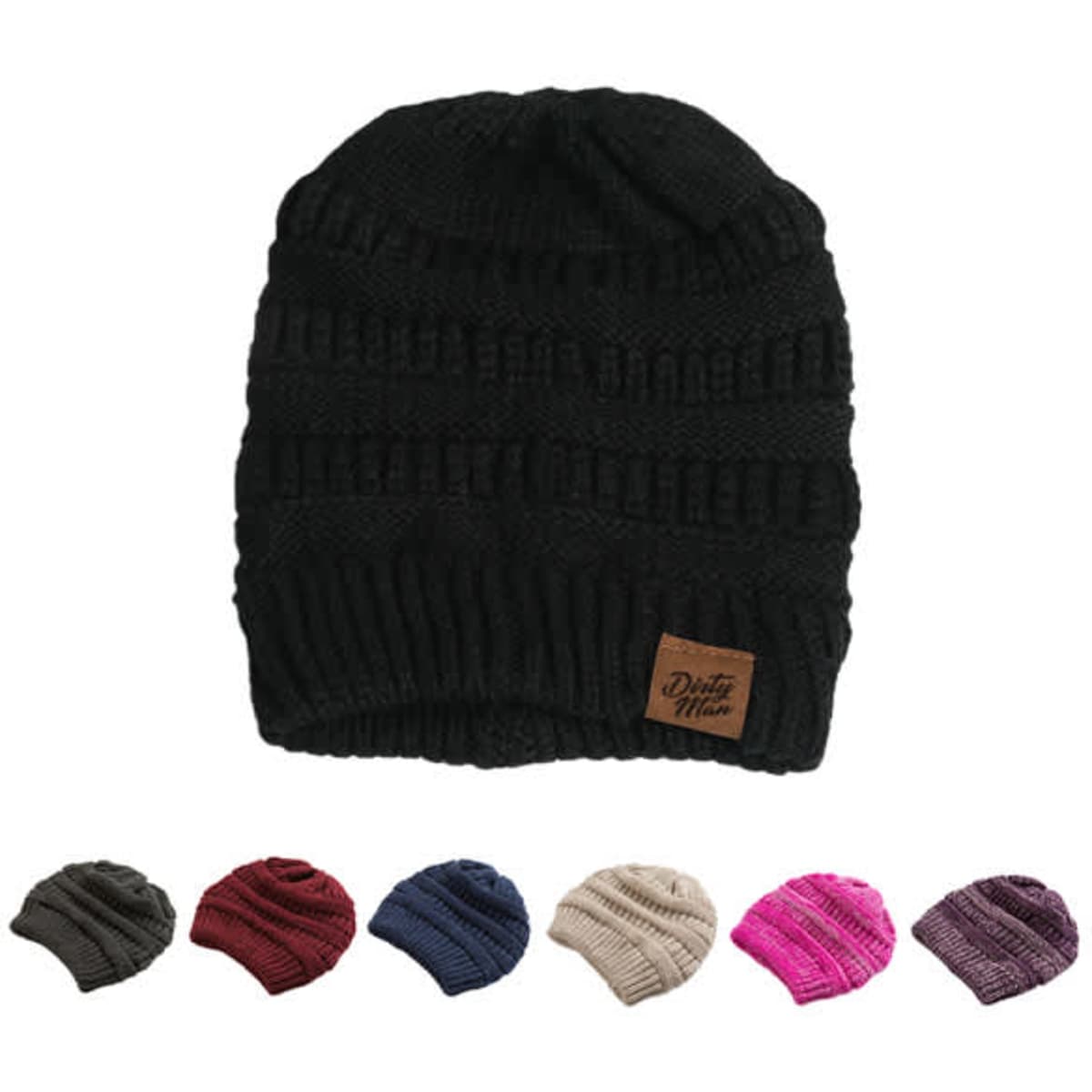 A ribbed slouchy beanie in black, featuring a branded patch, with additional beanie colours displayed below.