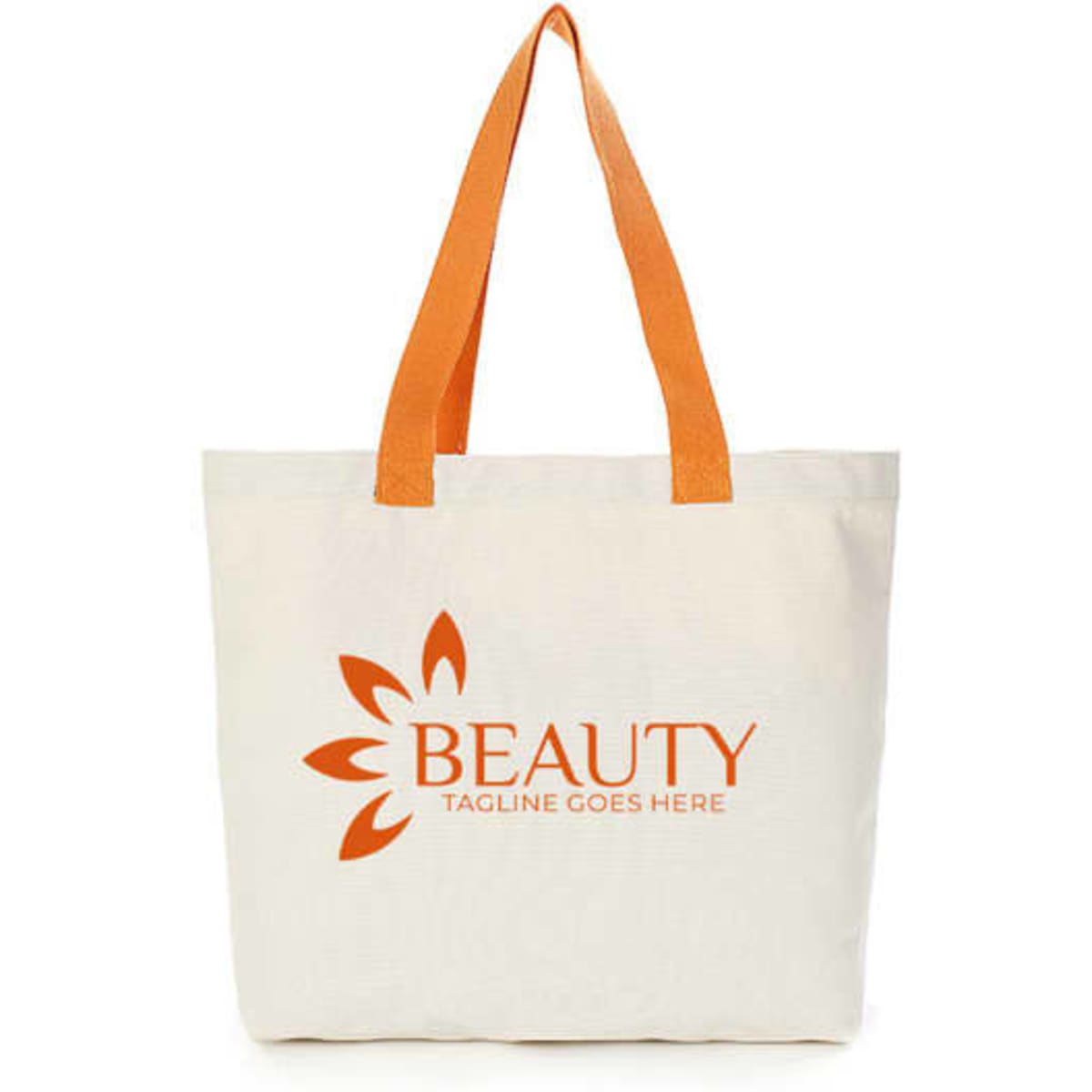 A cream canvas tote bag with orange handles and a logo in the centre. The bag is spacious and sturdy.
