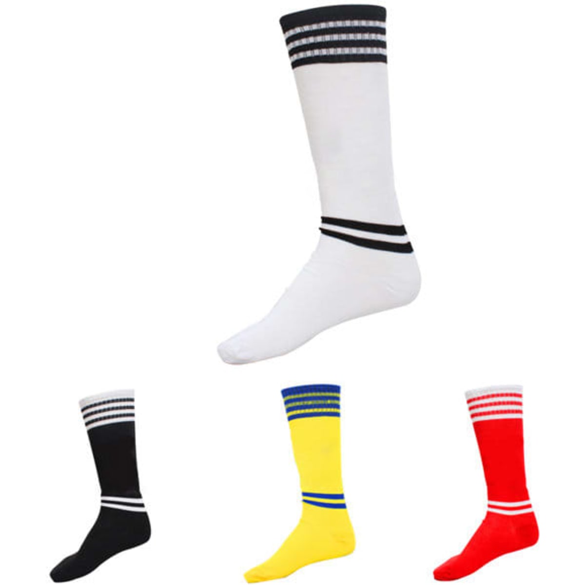 Striped athletic socks in white, black, red, and yellow with a logo on each pair.