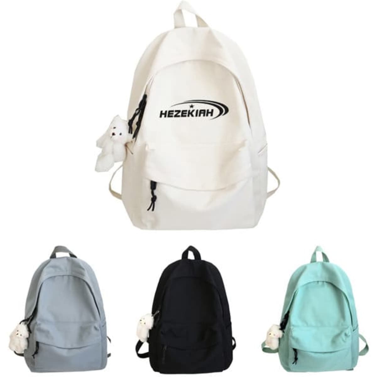 A cream canvas school backpack with a logo, accompanied by grey, black, and mint green versions.