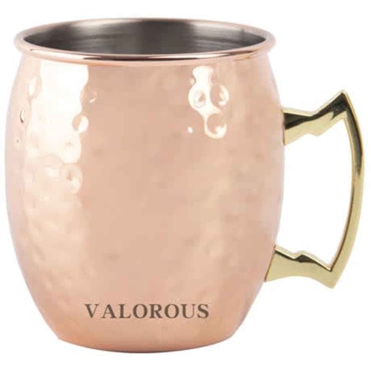 A copper mule mug with a hammered finish and a gold handle, featuring a logo.