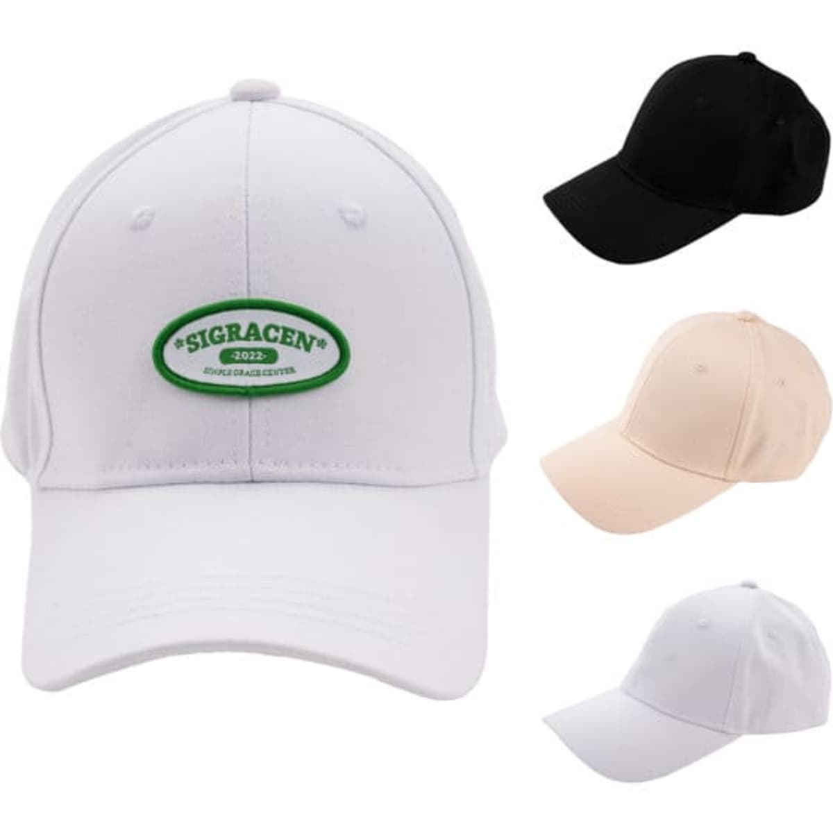 An adjustable six-panel baseball cap in white, with options in black and beige, featuring a logo on the front.