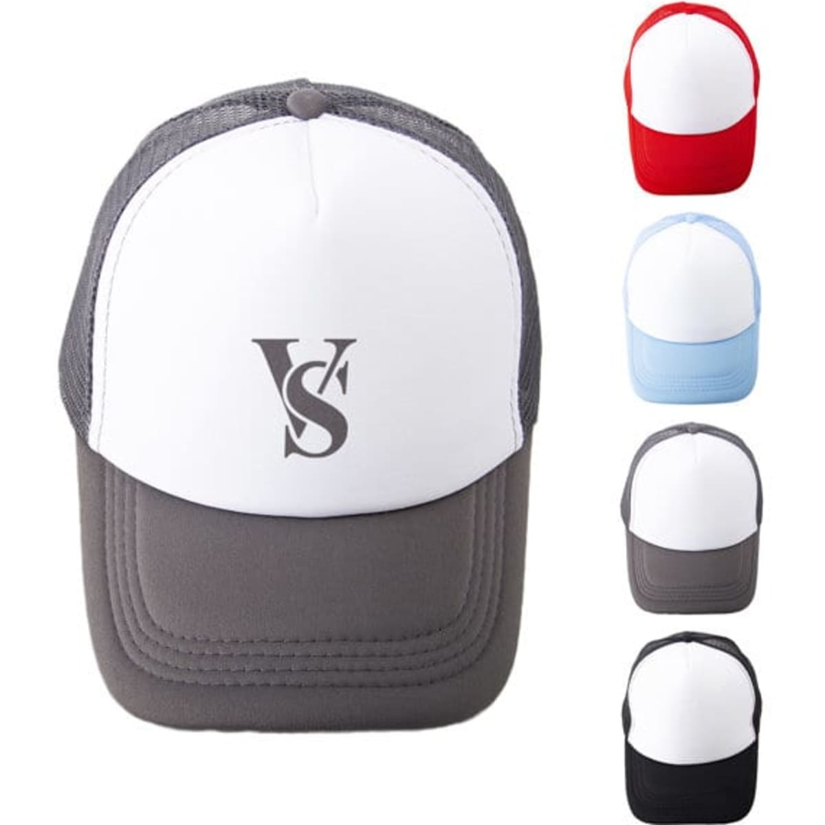 A Foam Mesh Trucker Cap in various colours: red, light blue, grey, and black, featuring a logo on the front.