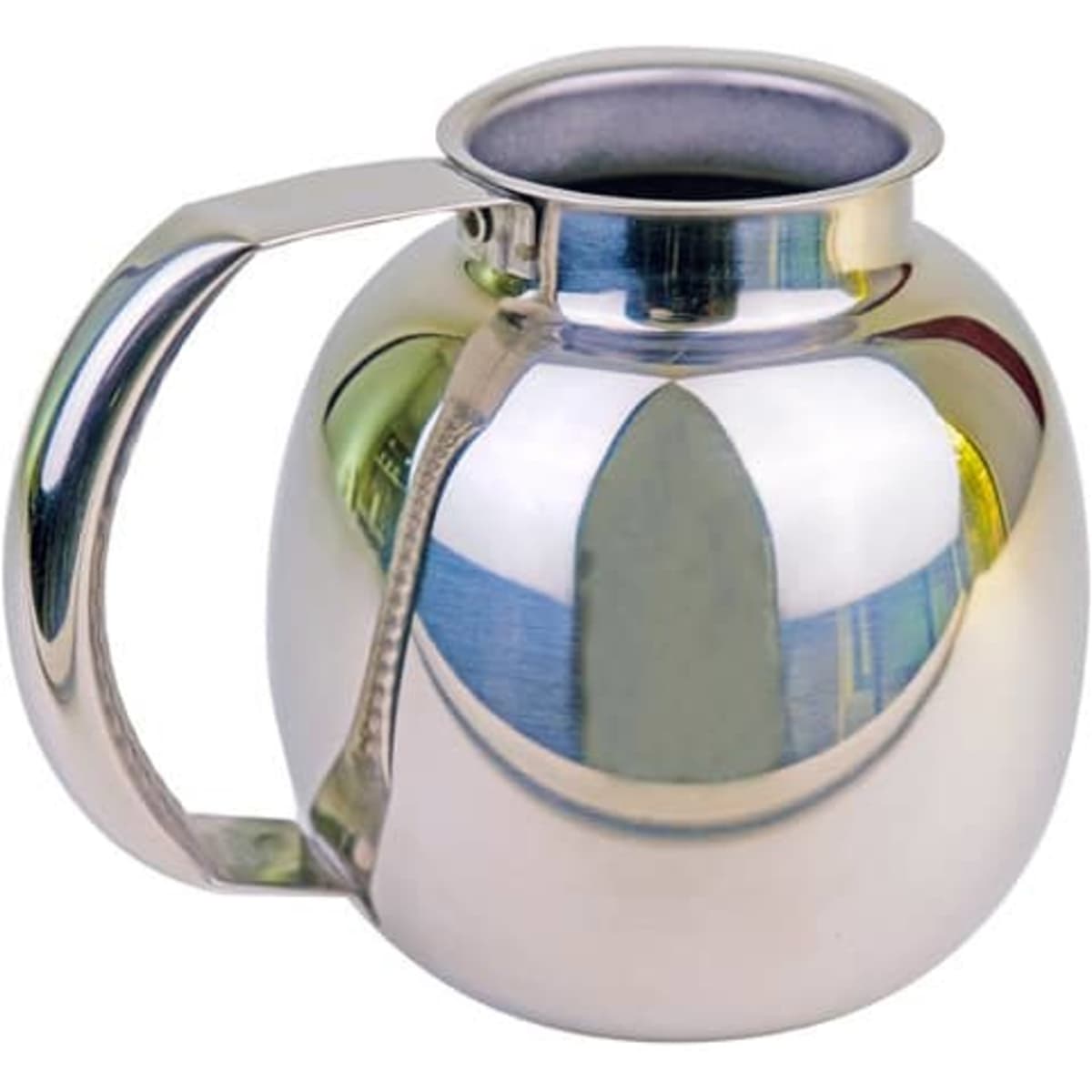A drink bottle featuring a shiny stainless steel design with a sturdy handle and rounded shape.