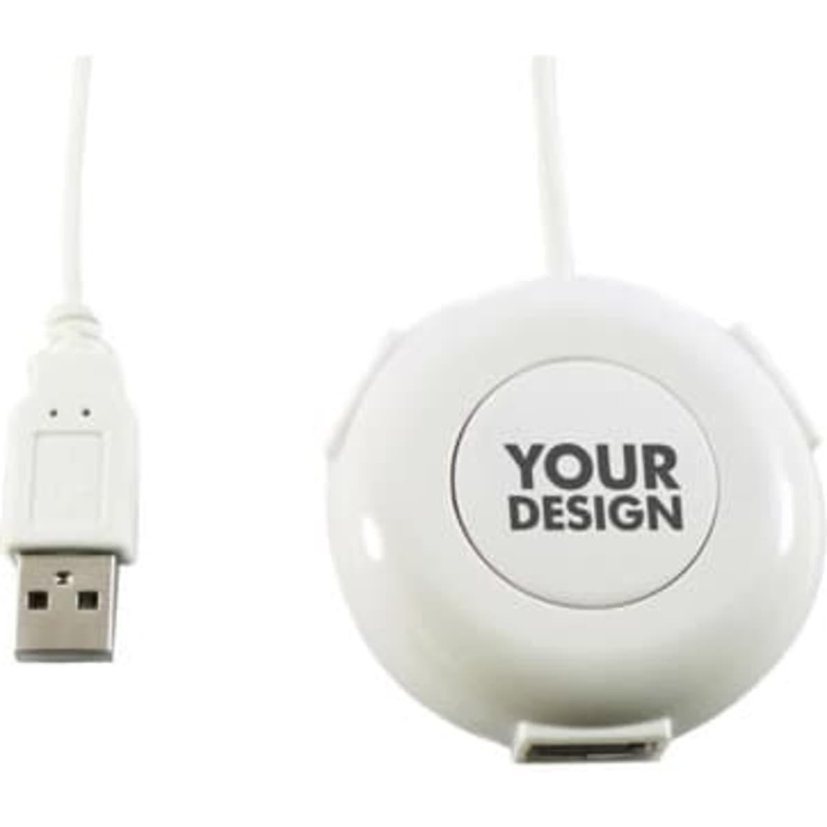A white custom USB webkey button with a USB connector for personalised designs.