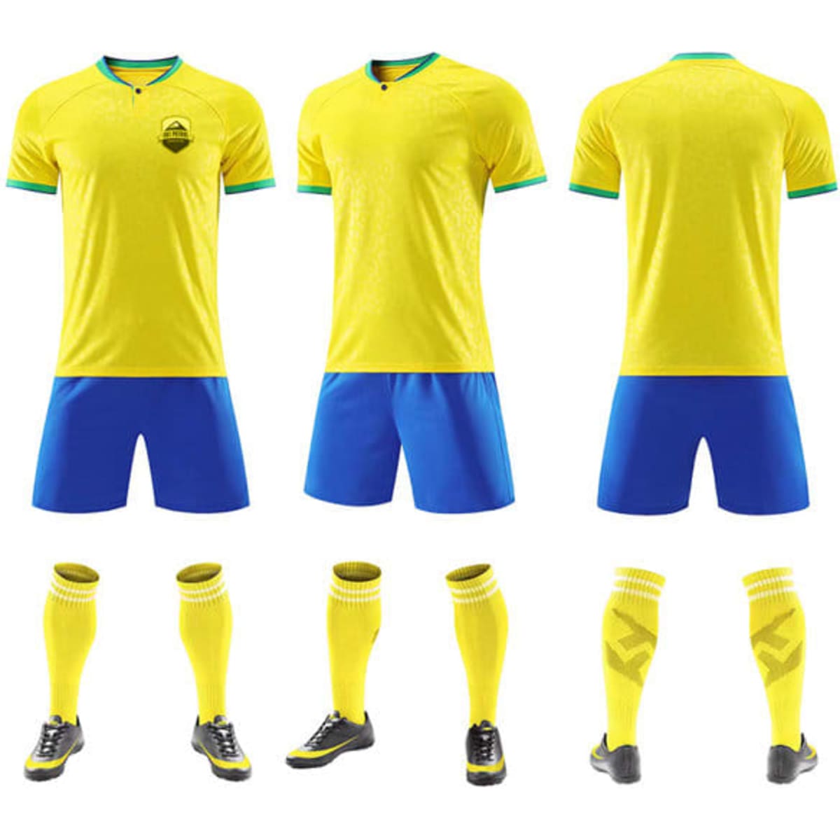 A customizable soccer jersey set featuring a yellow shirt with green trim, blue shorts, and matching socks.