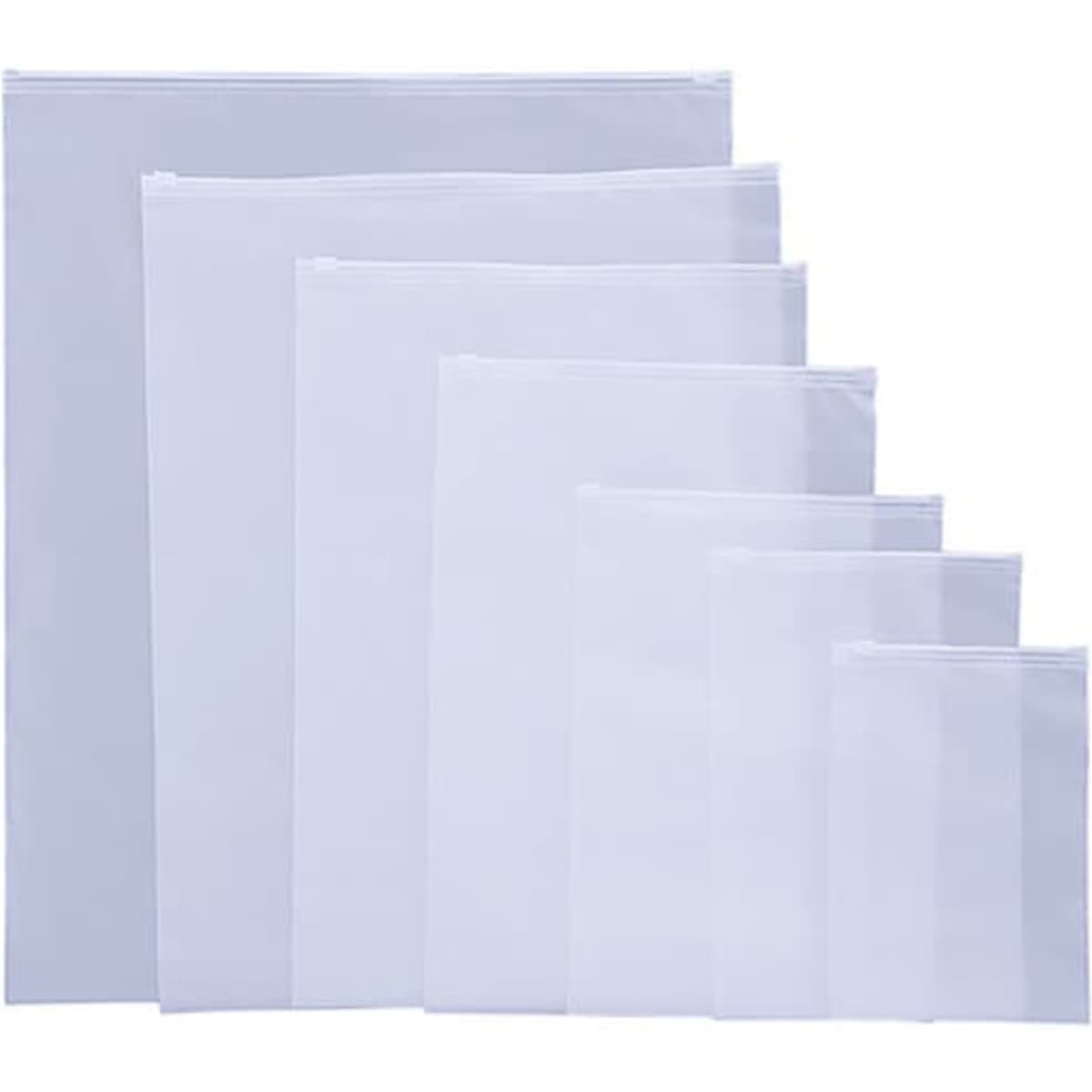 A set of frosted white zipper bags in various sizes, featuring a logo on some bags.