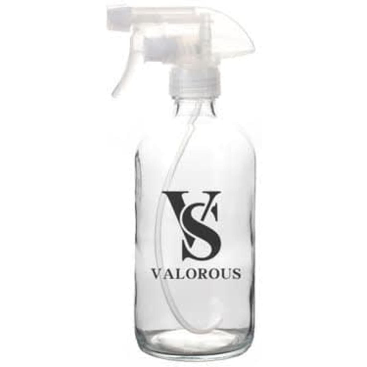 A clear glass spray bottle with a transparent nozzle, featuring a logo design.