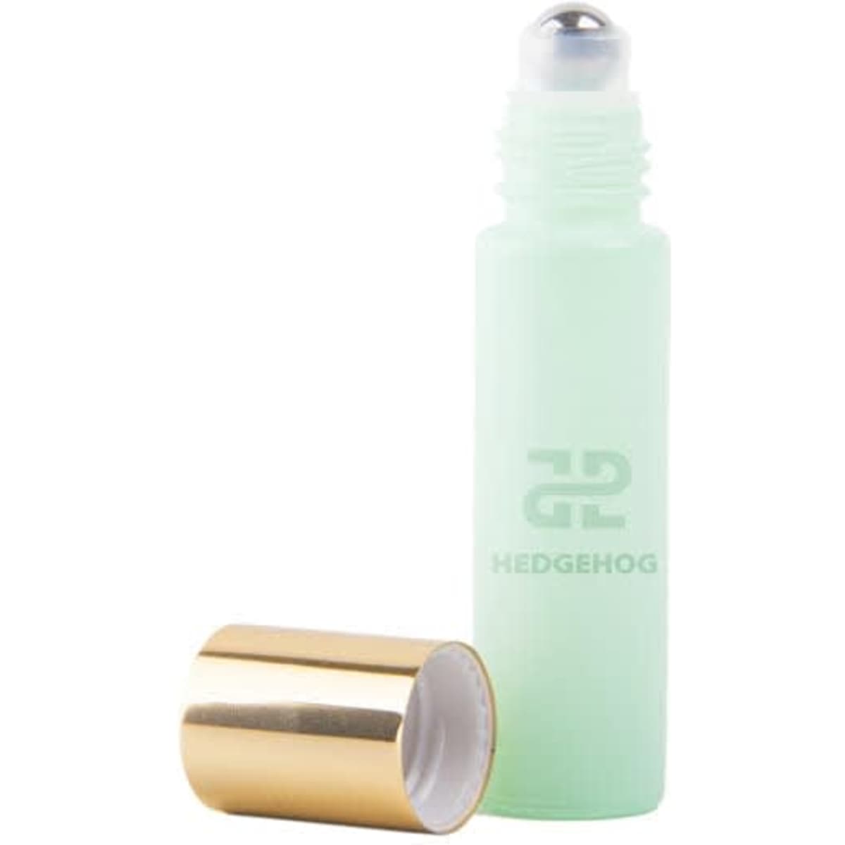 A mint green 10ml roll-on glass refillable perfume bottle with a gold cap and a logo.
