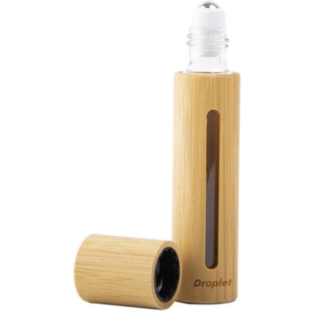 A 10ml bamboo glass roll-on bottle with a transparent window, featuring a natural bamboo exterior and a round rollerball top.