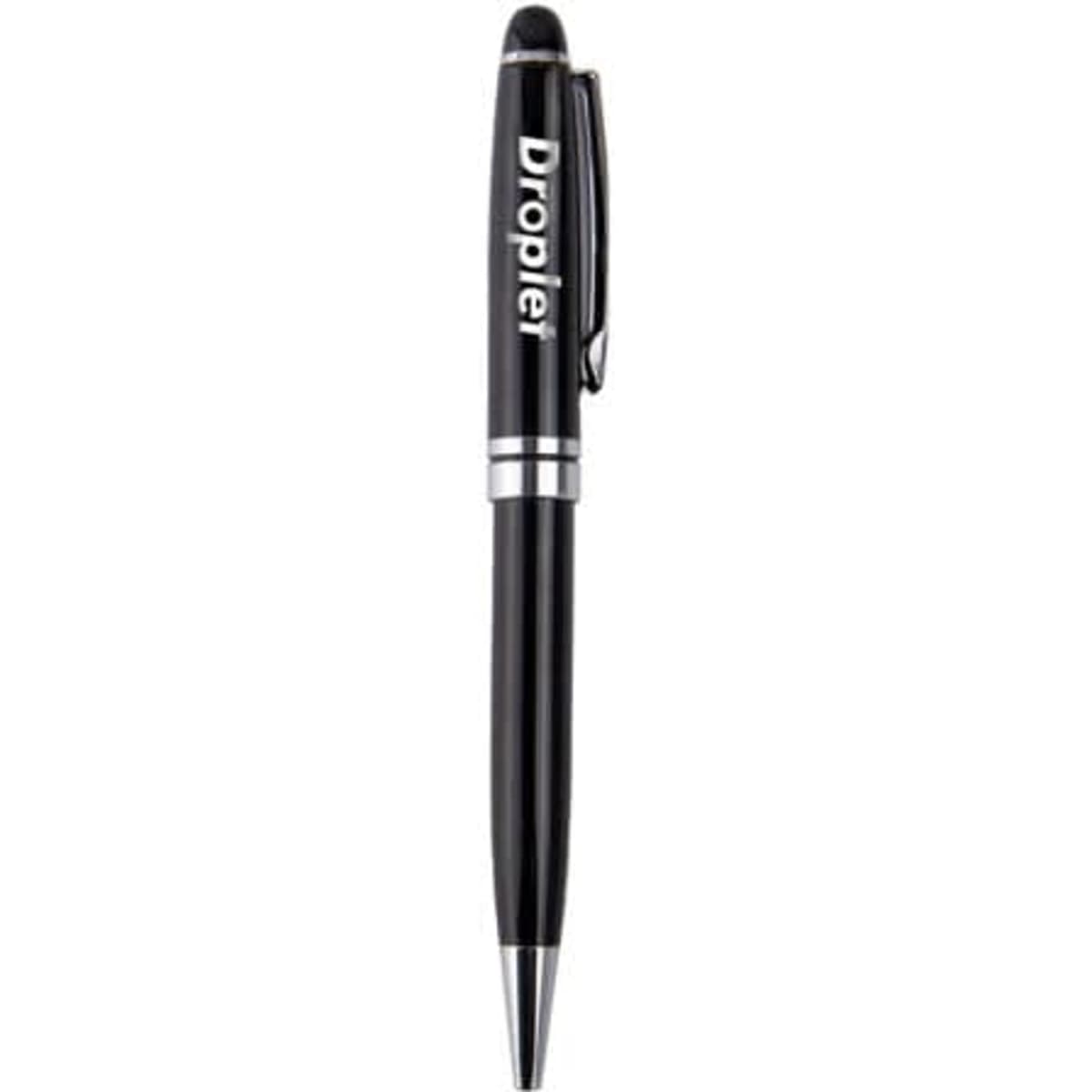 A black metal pen with a sleek design, featuring a logo and a screwable tip for refills.