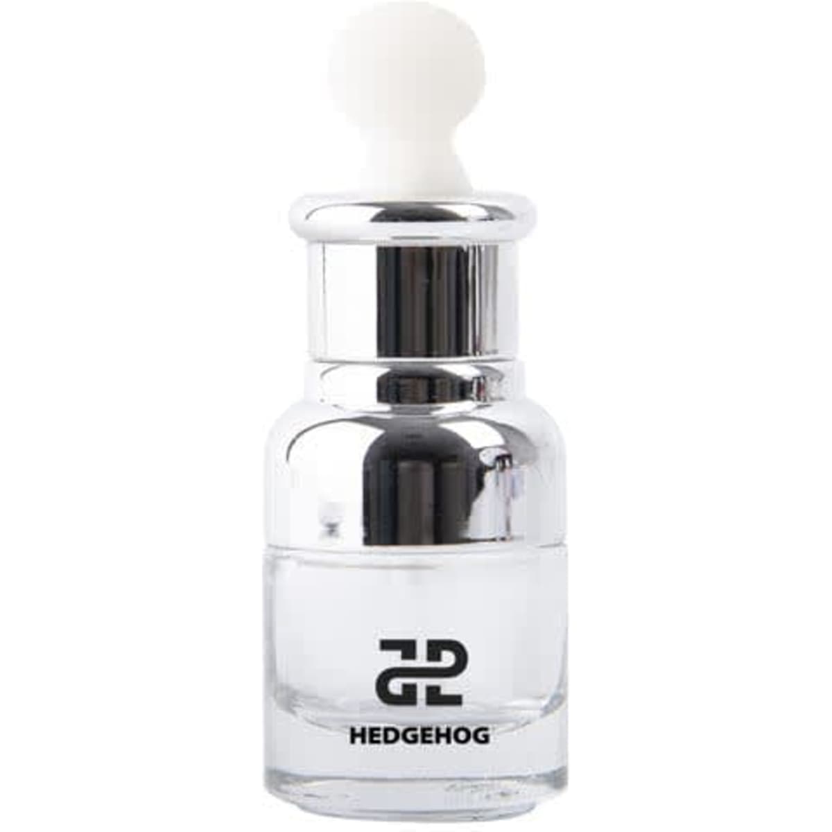 A clear glass dropper bottle with a silver lid and white rubber dropper, featuring a logo. Holds 20ml.