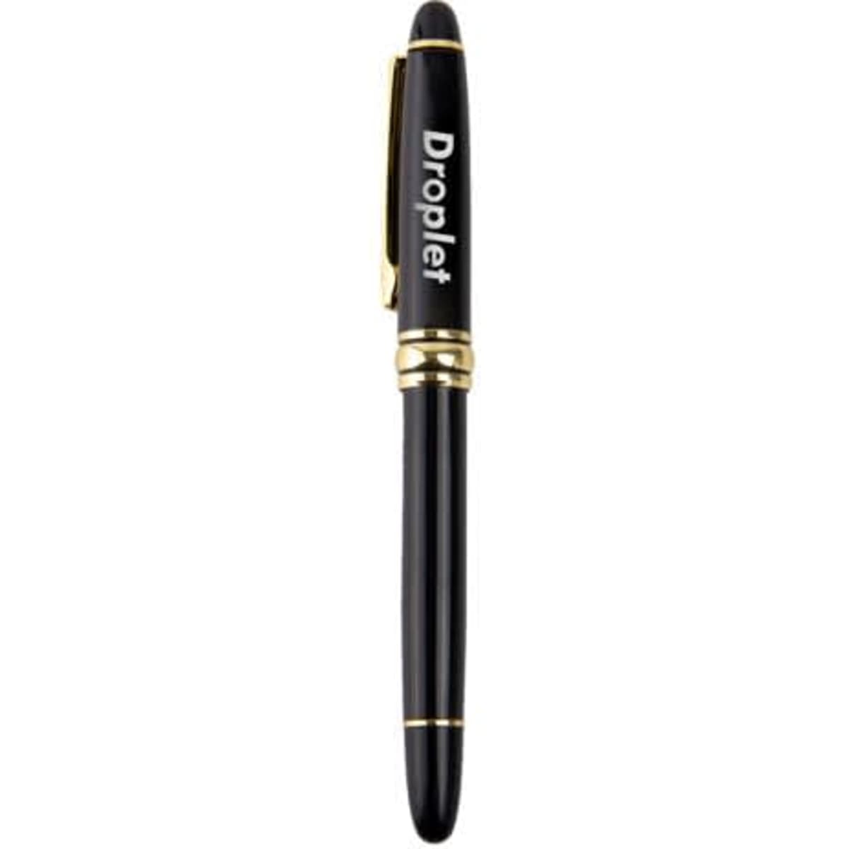 A black metal gel pen with a cap and golden accents, featuring a logo on the side.