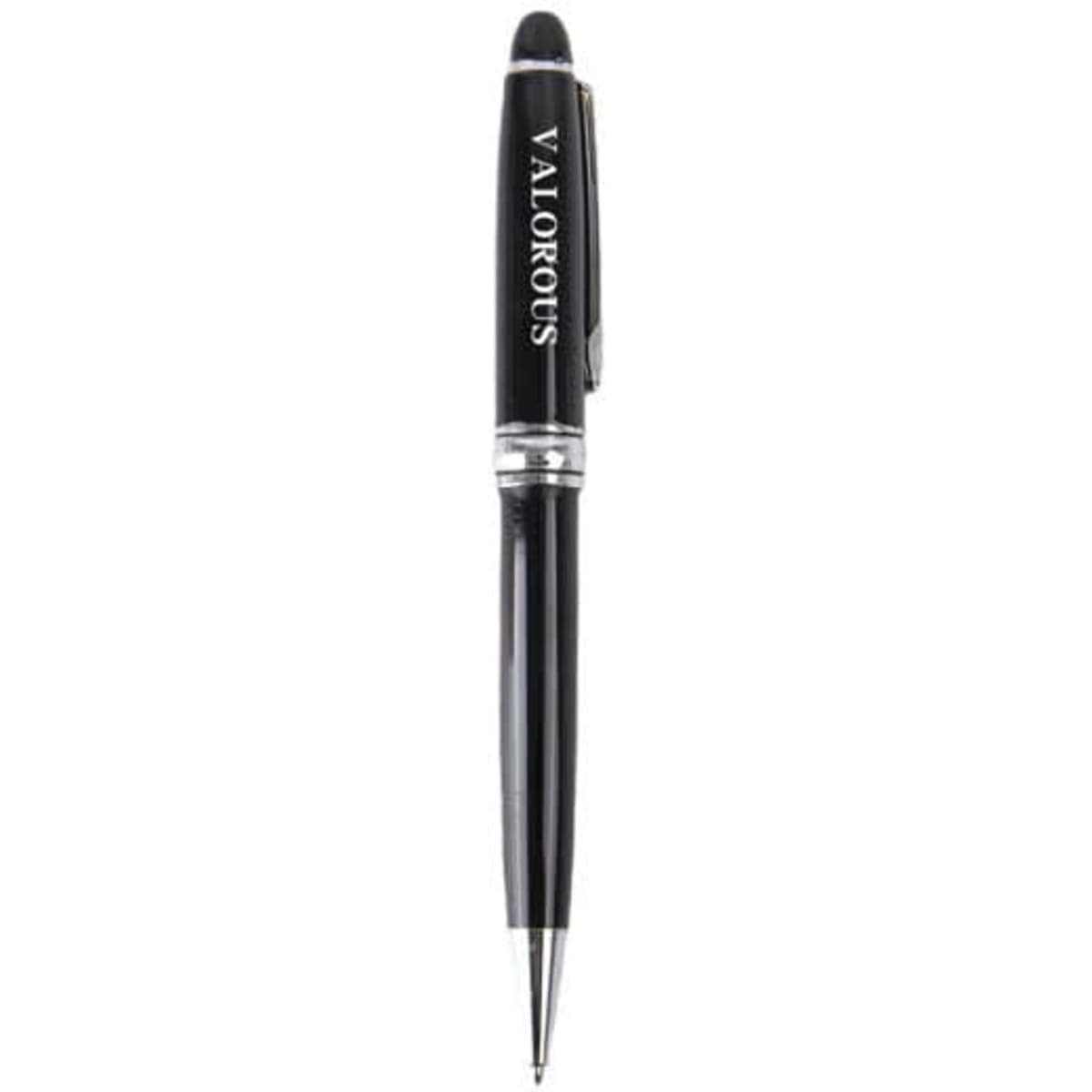 A black metal screwable ballpoint pen with a branding logo on the clip.