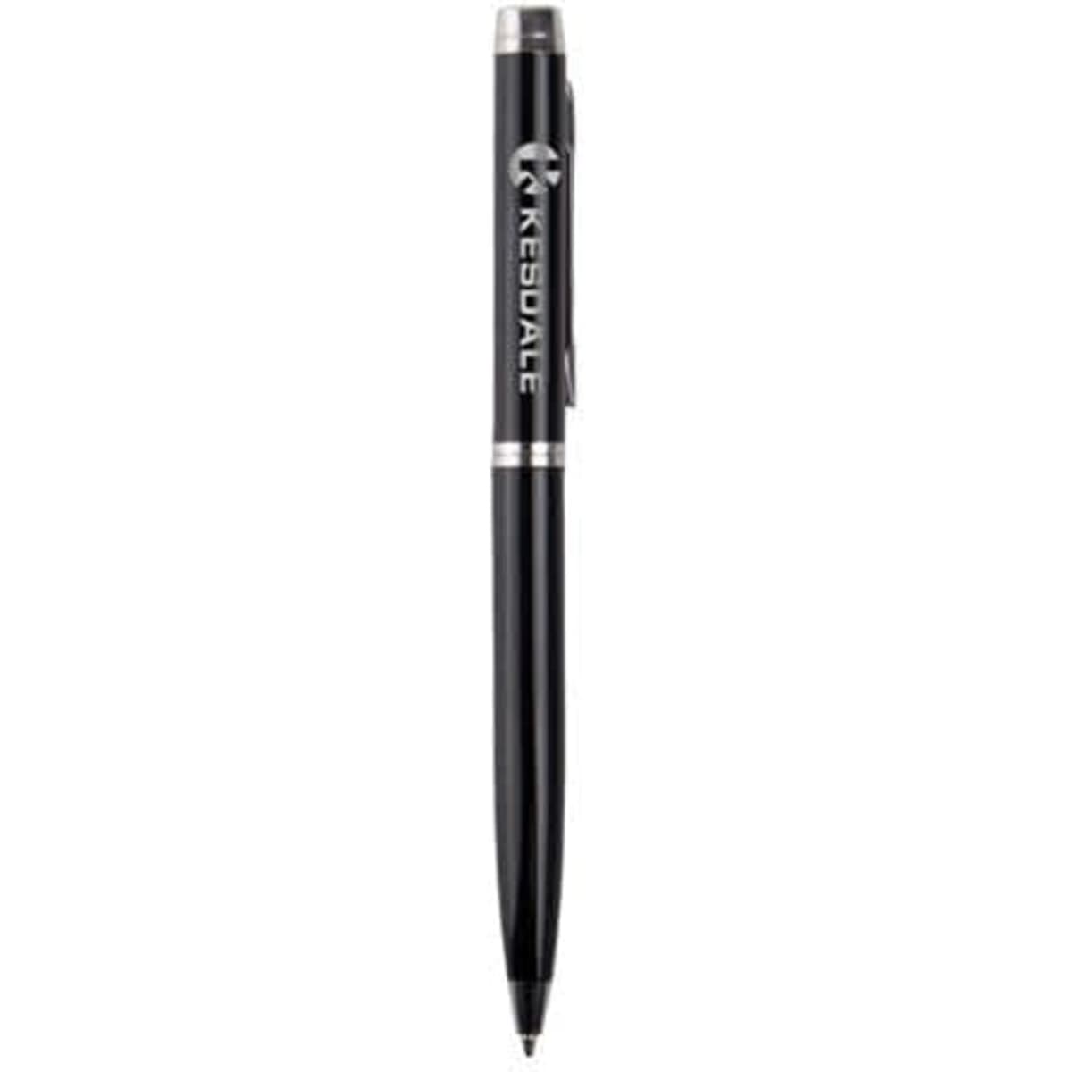 A slim black rotating metal ballpoint pen with a logo on the side.