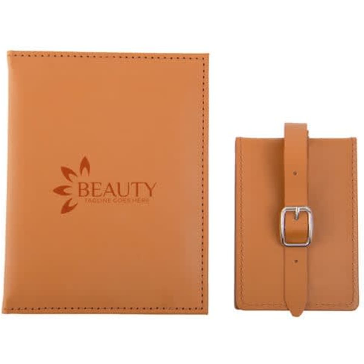 A tan PU leather luggage tag and passport holder set featuring a logo. Both items have a sleek, minimalist design.