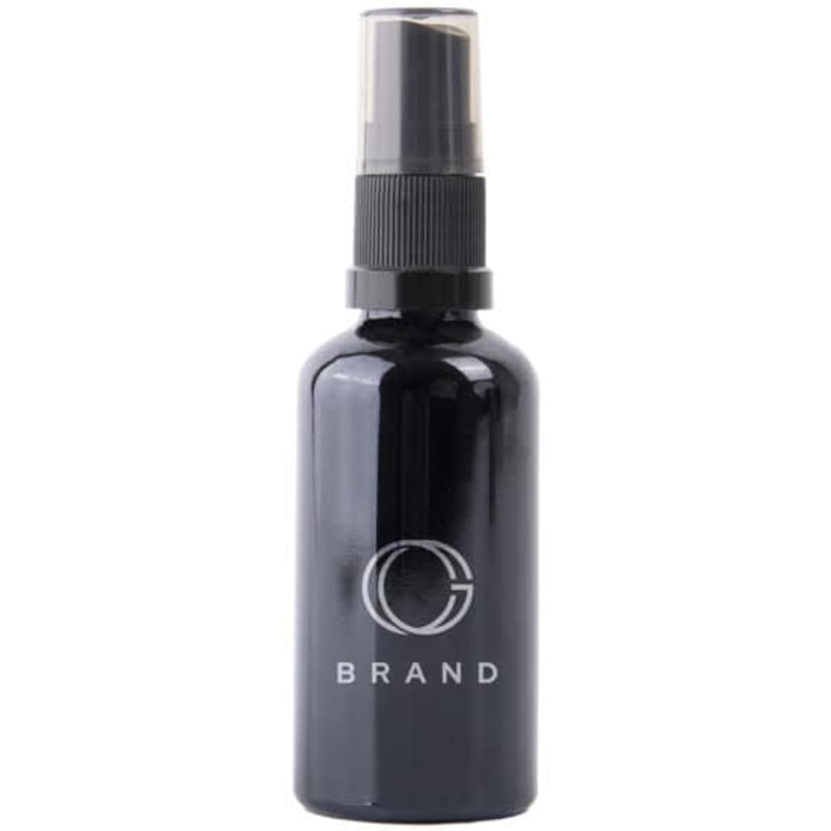 A 2 oz. black glass spray bottle with a nozzle and a logo on the front.
