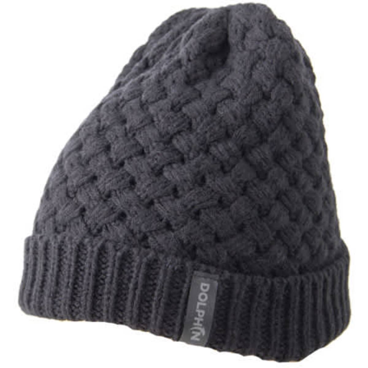 A dark grey knitted fisherman beanie featuring a fold-up brim and a brand logo patch.