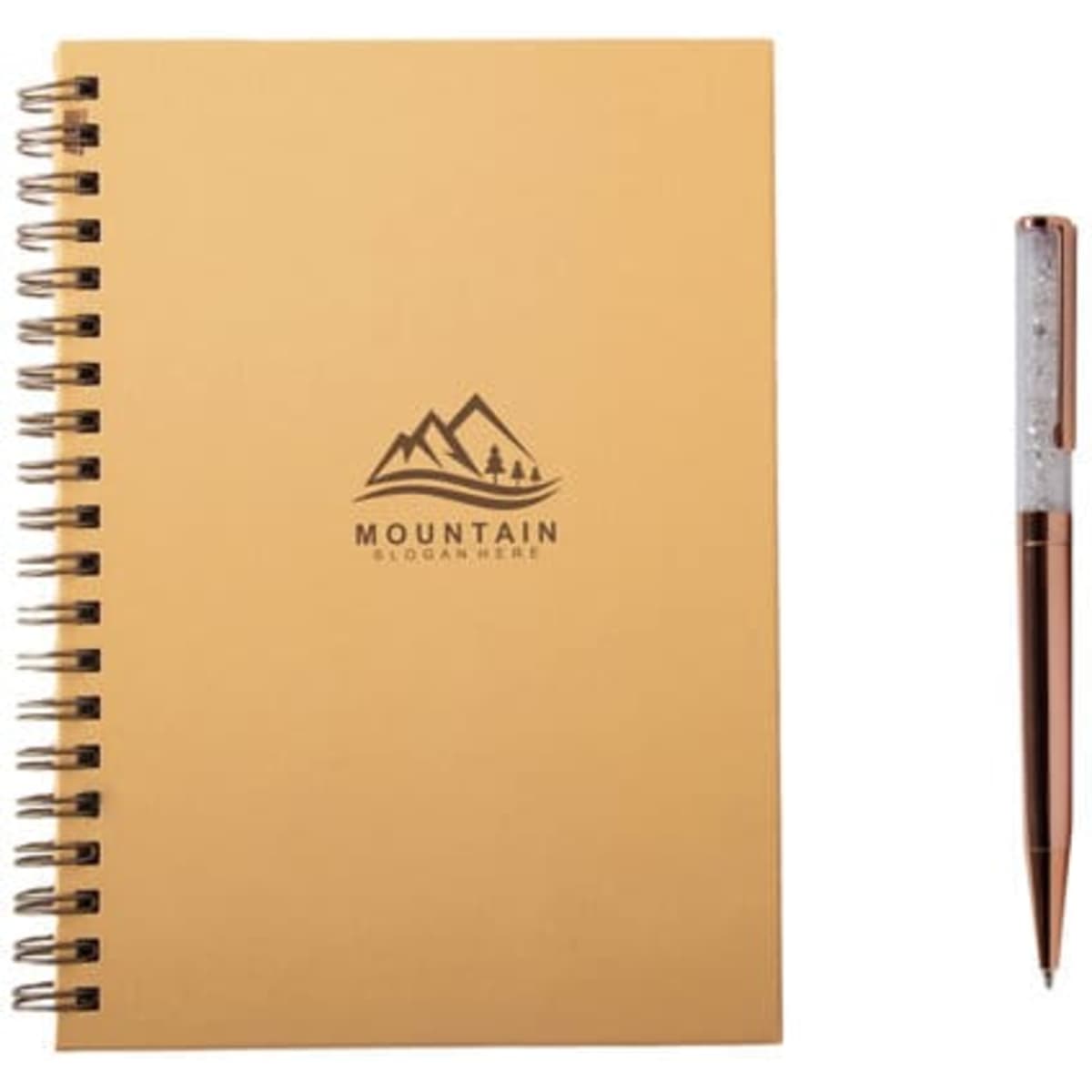 A gold hardcover spiral notebook with a logo and a glitter ballpoint pen in rose gold.