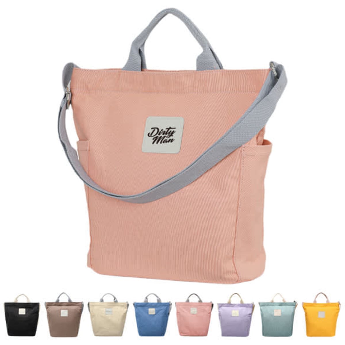 A crossbody canvas bag in peach with grey straps, featuring a logo and multiple colour options displayed below.