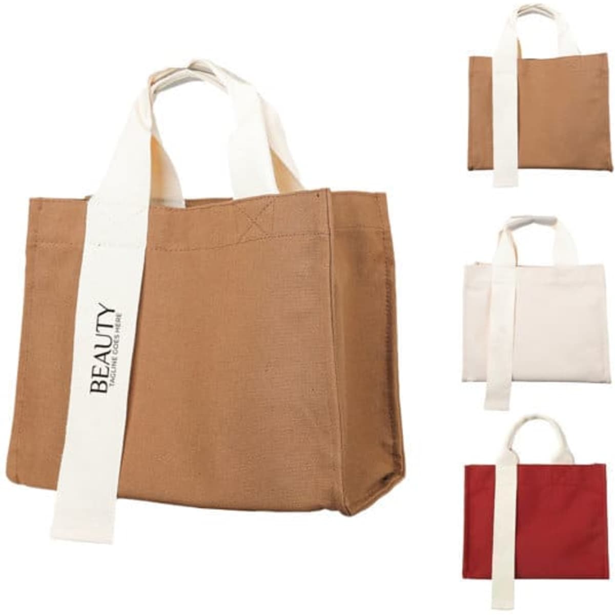 A canvas horizontal shoulder tote bag in brown, with white handles and a logo. Additional bags in white and red are visible.