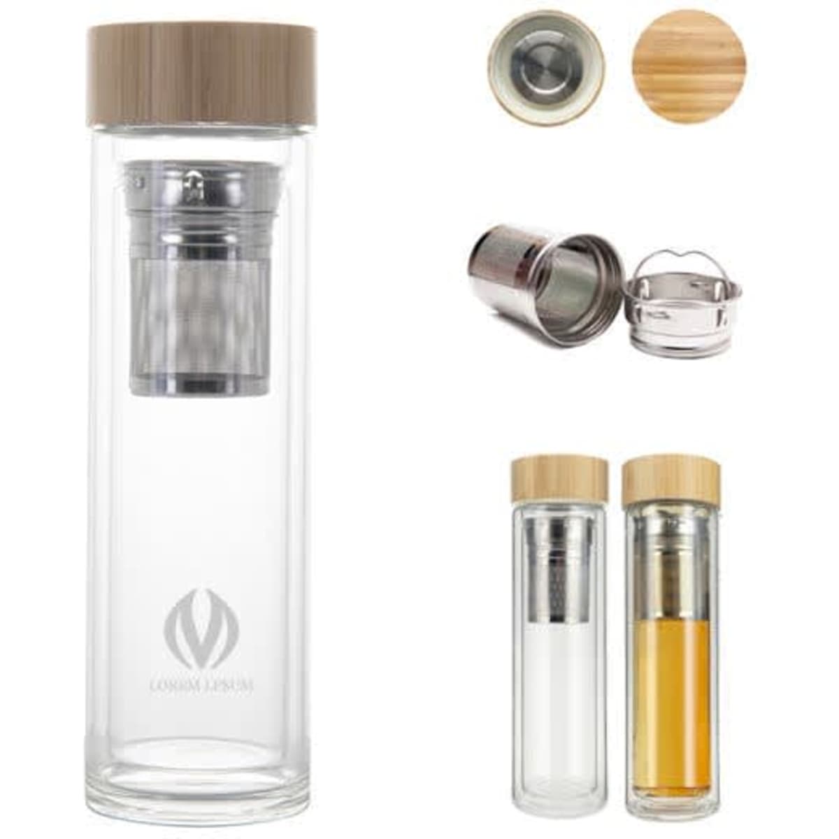 A drink bottle featuring a clear glass body, bamboo lid, and a tea infuser, showcasing both empty and filled variations.