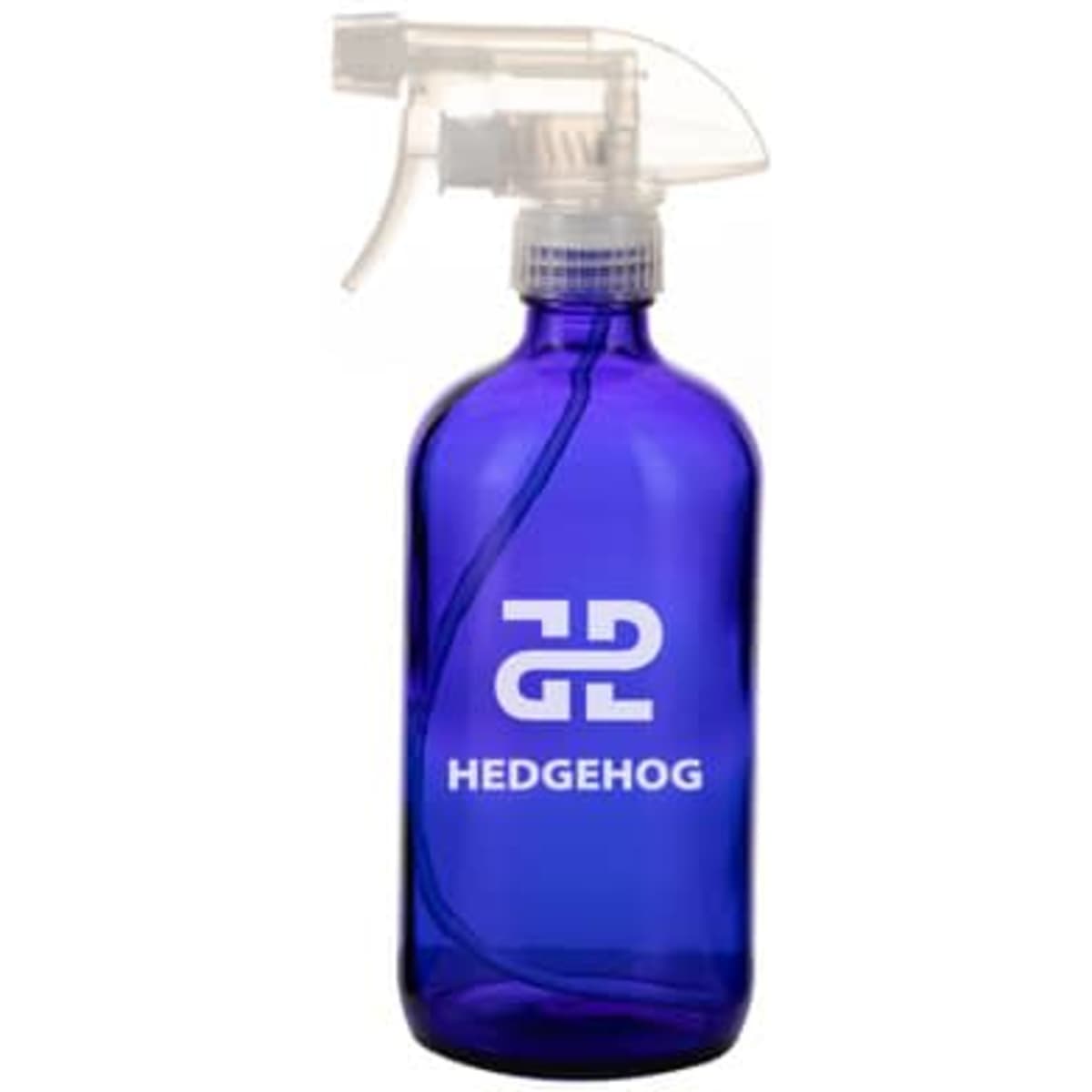 A 17 oz. blue glass spray bottle with a clear trigger sprayer and a logo on the front.
