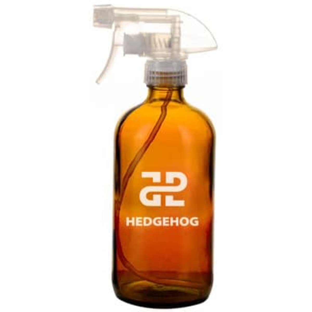 An amber glass spray bottle with a clear nozzle and a logo on the front.