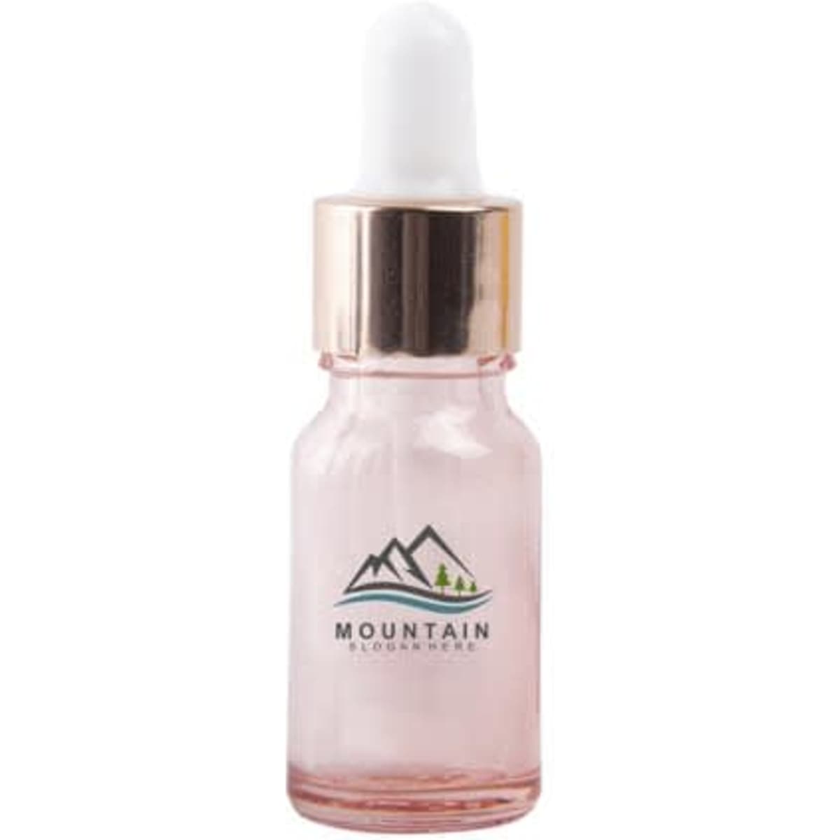 A rose gold glass dropper bottle with a white dropper lid, featuring a logo on the front.