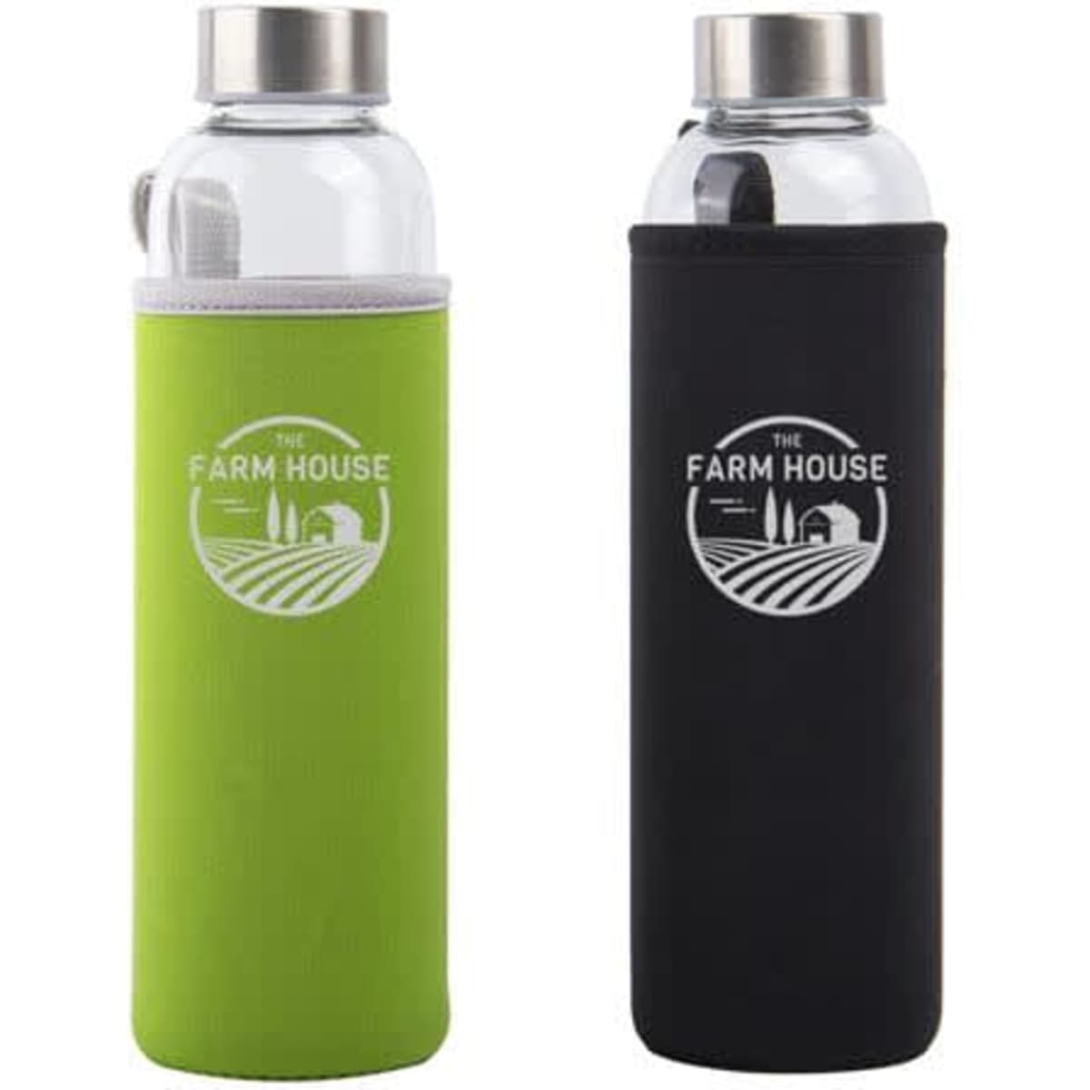 A drink bottle featuring a 19 oz glass design with a green and a black nylon sleeve. Includes a logo on both sleeves.