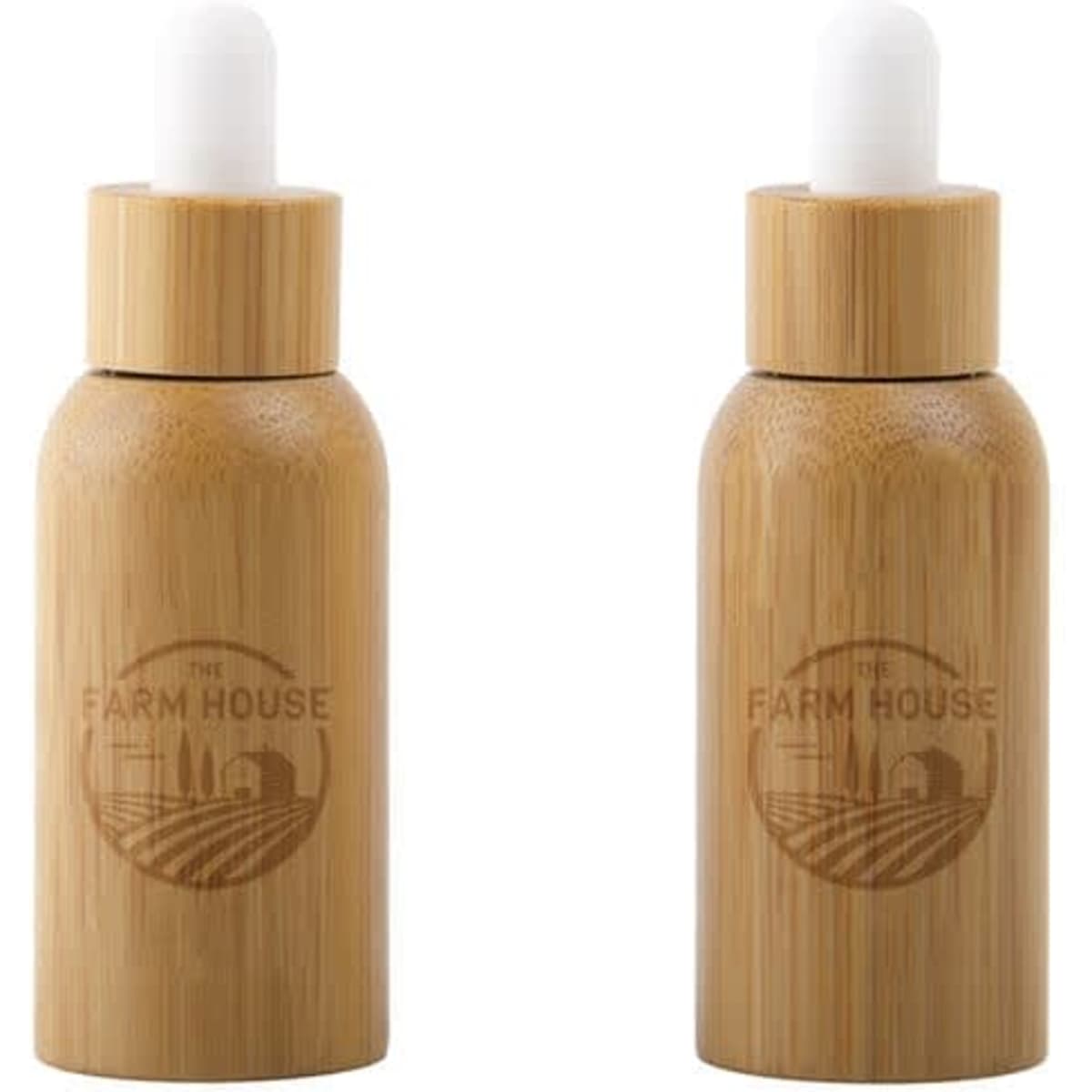A 20ml glass dropper bottle with a bamboo shell, featuring natural wood tones and a white dropper top.