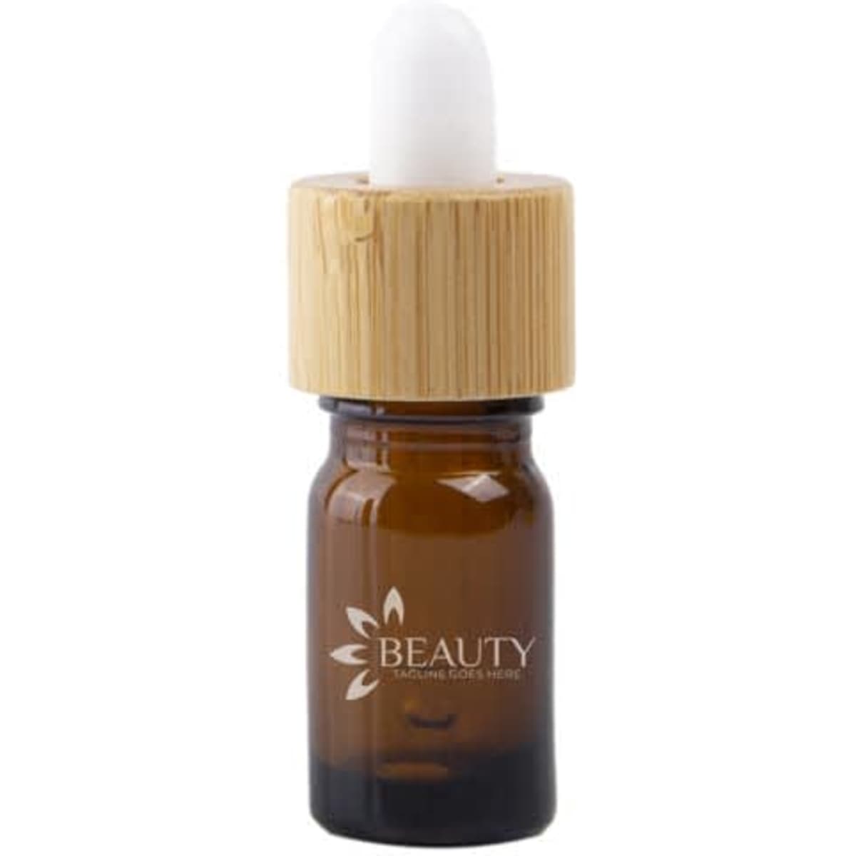 A 5ml amber dropper bottle with a bamboo lid, featuring a logo on the front. It has a warm, earthy colour palette.