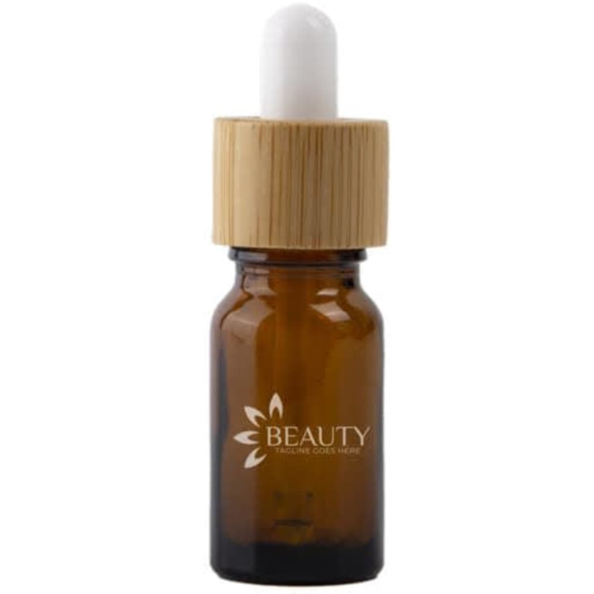 A glass dropper bottle in amber with a bamboo lid and a white dropper, featuring a logo.