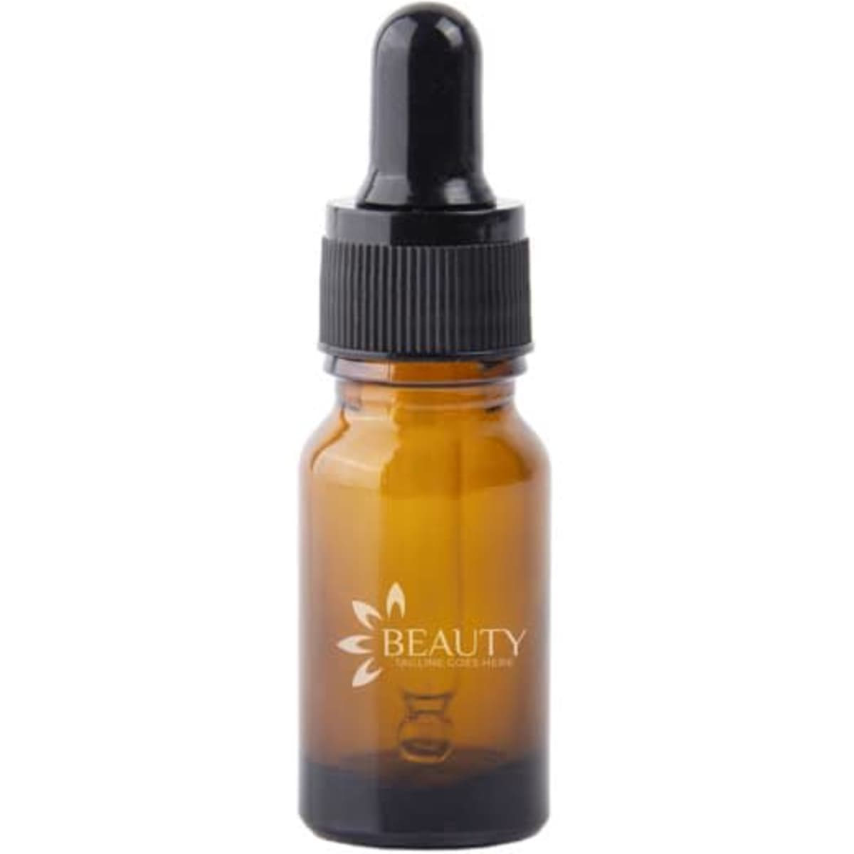 An amber essential oil bottle with a black dropper lid, featuring a logo printed on the front.