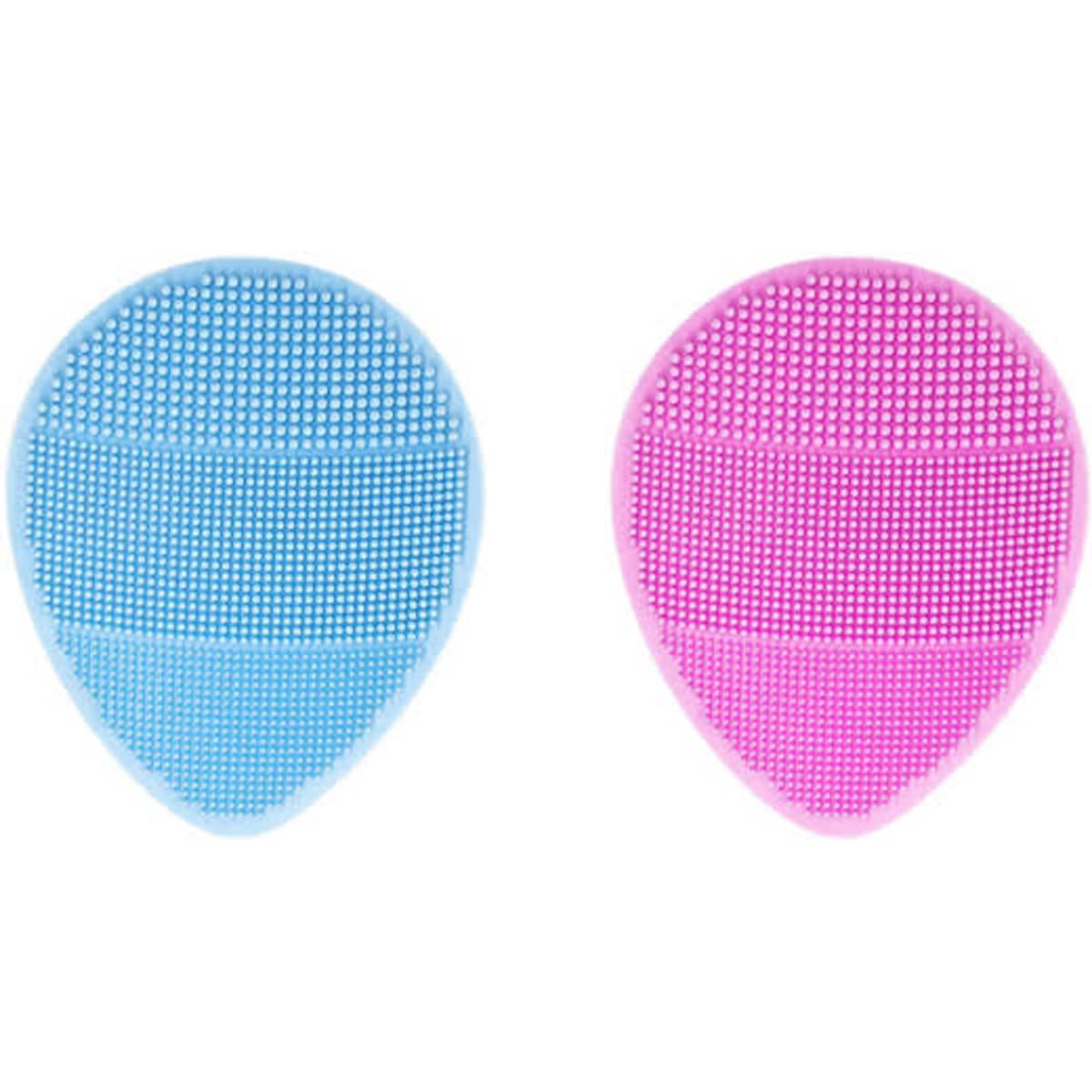 A silicone face scrubber in blue and pink, featuring textured surfaces for cleansing. It has a logo on the back.