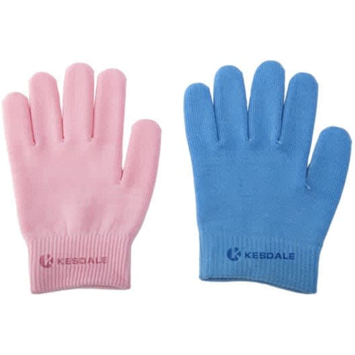 A pair of gel spa moisturising gloves in pink and blue, featuring a logo on each glove.