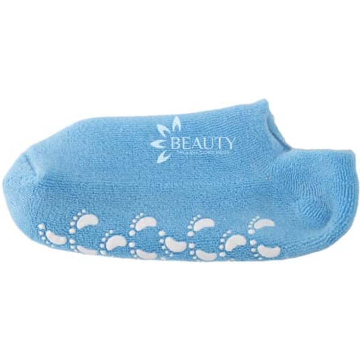 Blue moisturizing gel sock with white non-slip dots and a logo. Ideal for spa and beauty treatments.