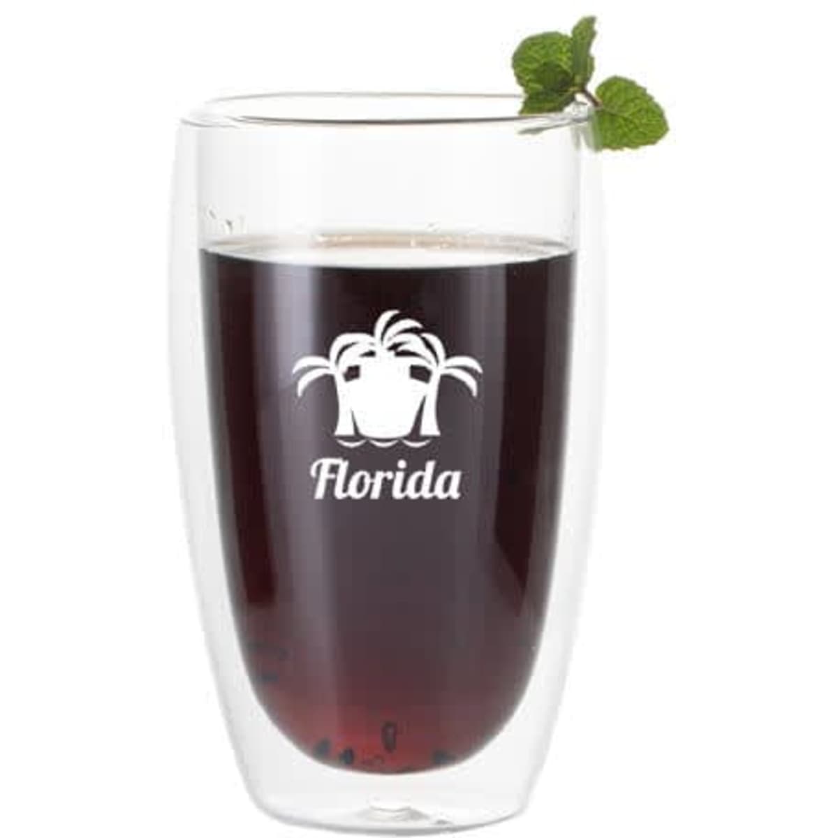 A 15 oz. clear double wall drinking glass with a drink and mint garnish, featuring a logo.