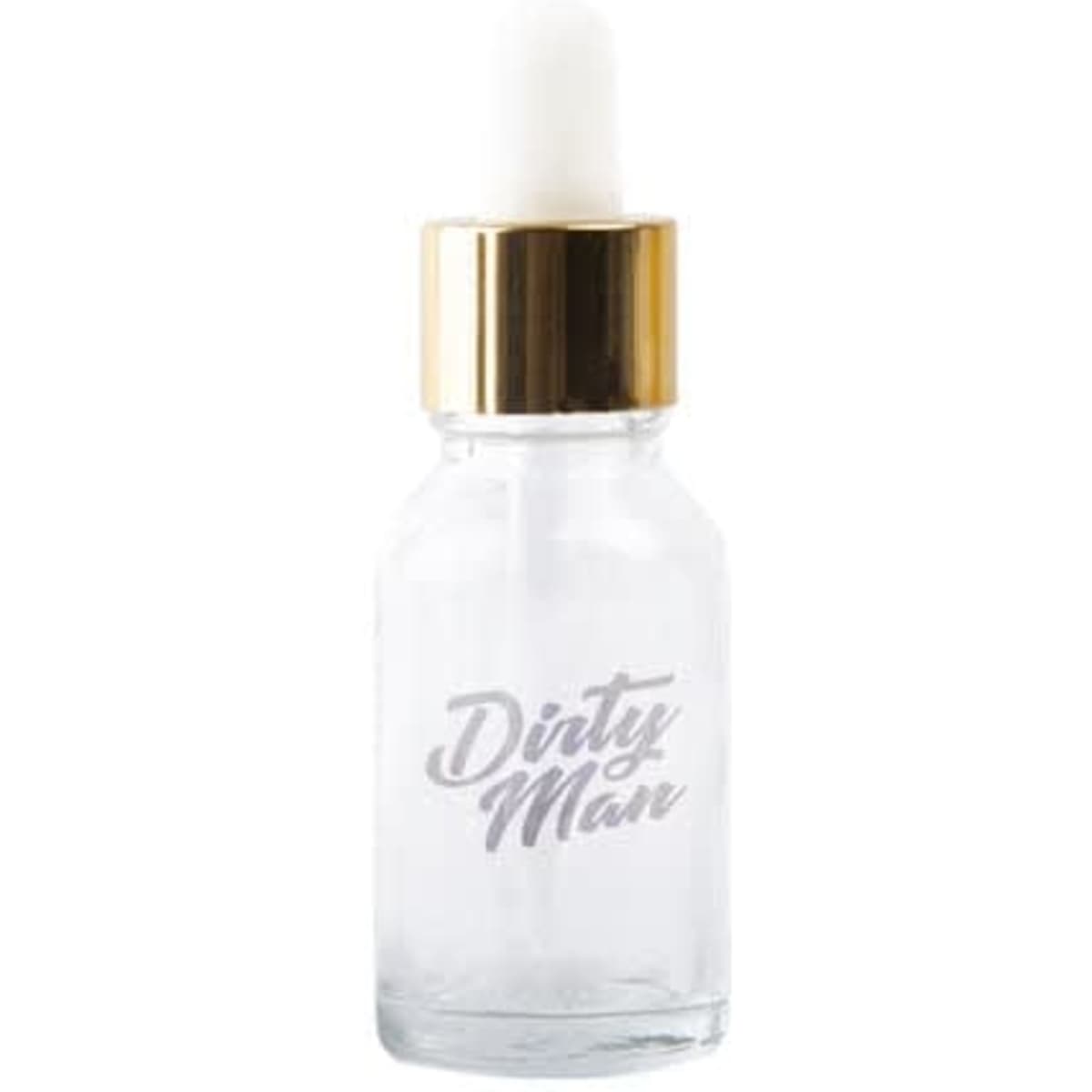 A clear glass dropper bottle with a white dropper and a gold cap, featuring a logo on the front.