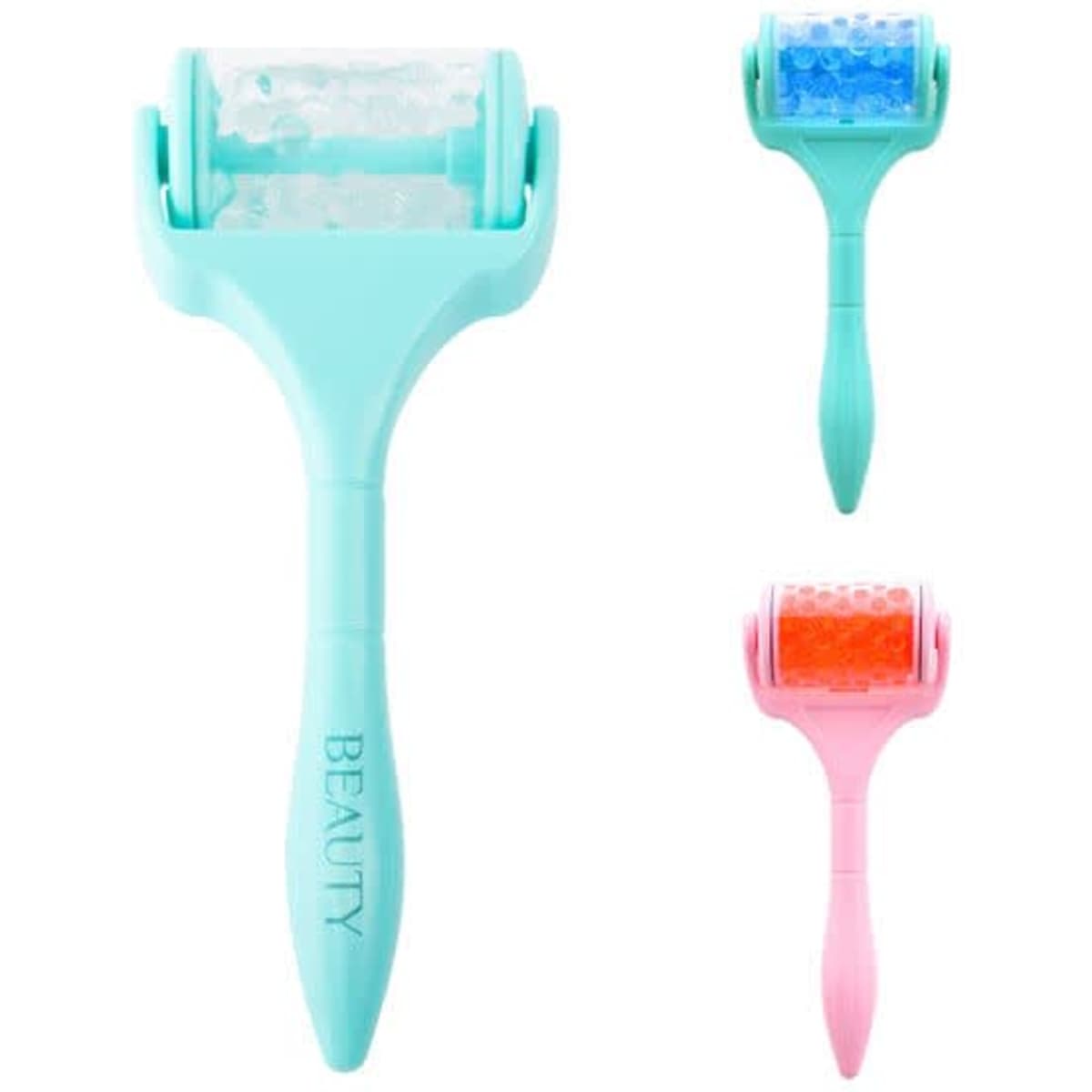 A set of gel facial massagers in teal and pink, featuring rollers filled with ice-blue and gel beads.