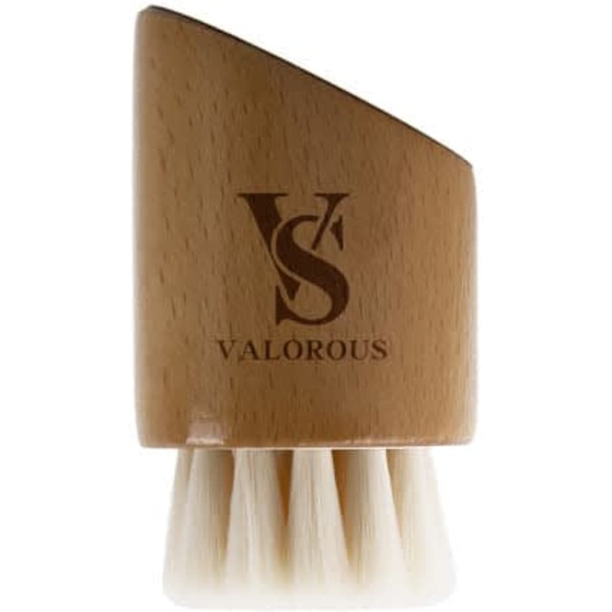 A beech wood facial cleansing brush with soft bristles and a sleek design. It features a logo on one side.