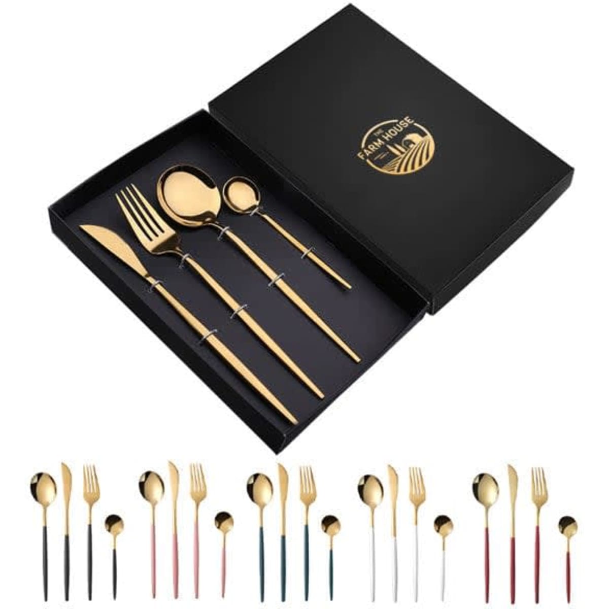 A cutlery set featuring four pieces in gold, presented in a black gift box with a logo on the lid.