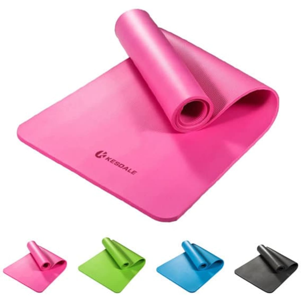 A pink portable non-slip yoga mat rolled up, with black, blue, and green mats shown below. The mat has a logo.