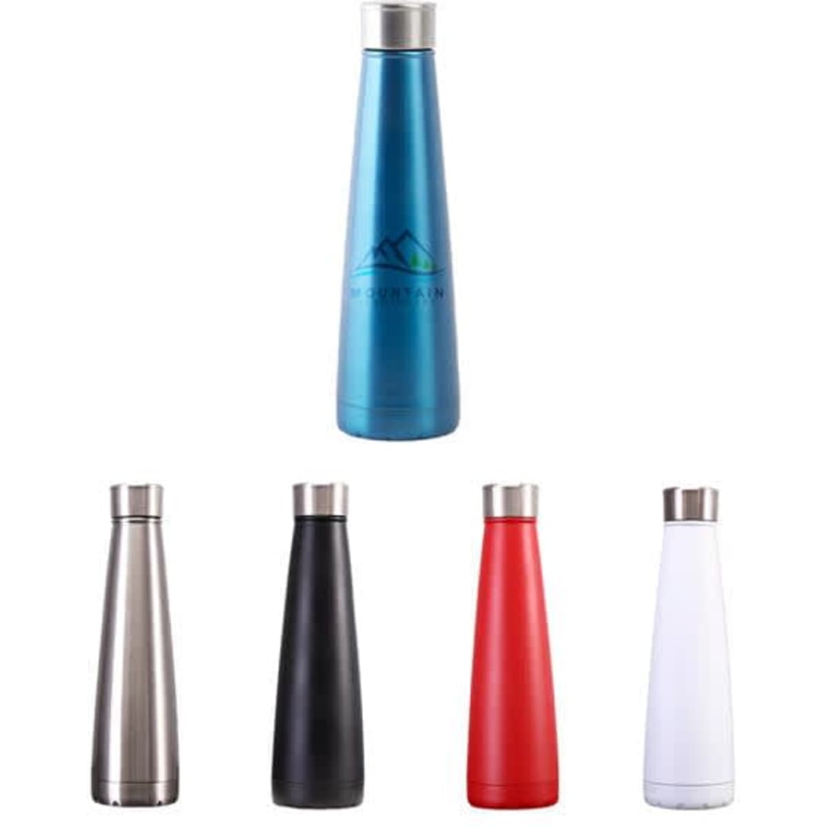 A drink bottle with a cone shape, available in blue, silver, black, red, and white, featuring a logo.