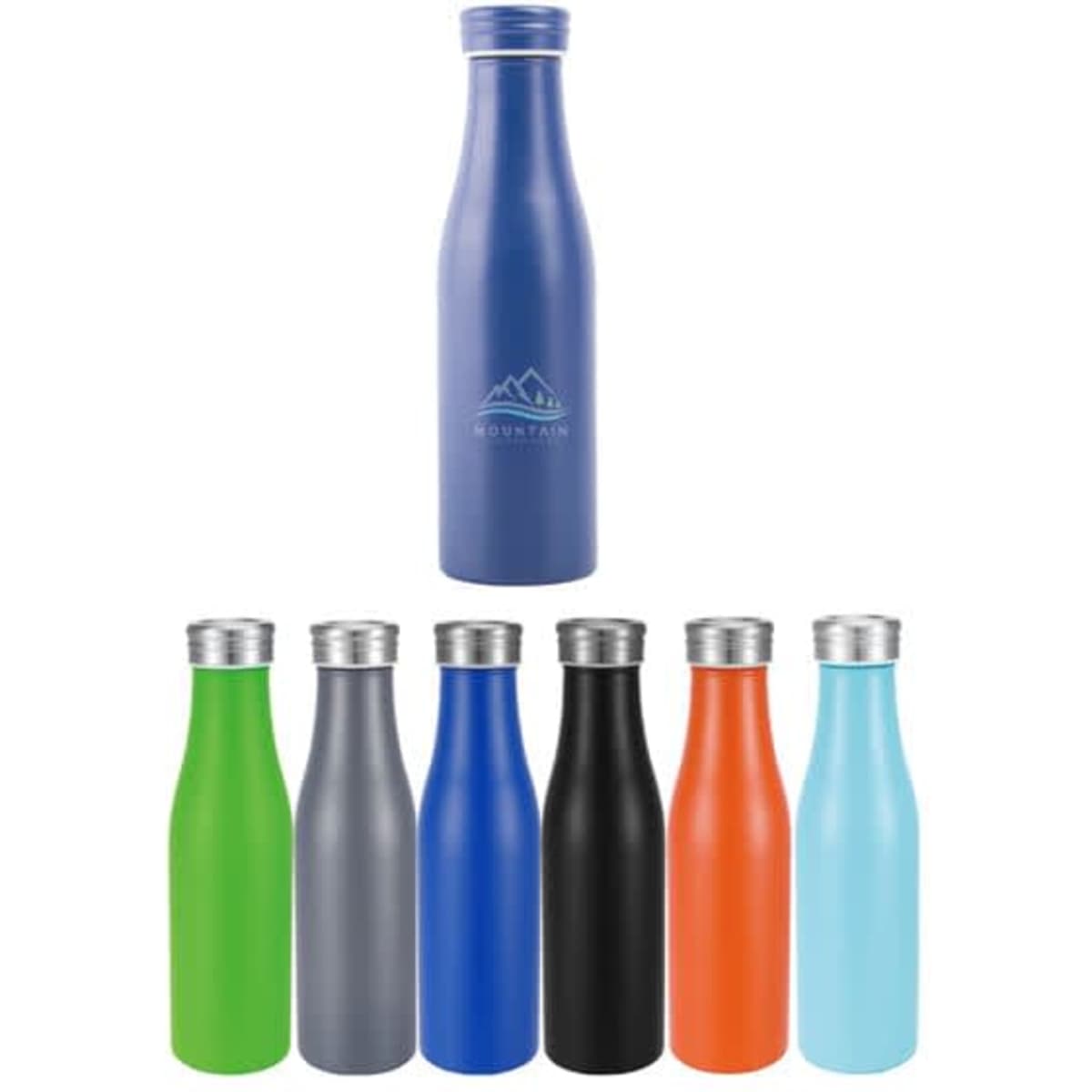 A drink bottle collection featuring a blue stainless steel design with a silver top and six additional colours: green, grey, black, orange, and light blue.